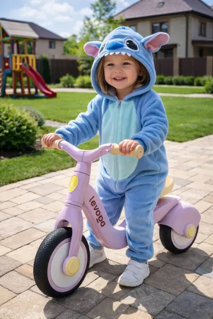 Bicicletă de echilibru cu cadru și roți din plastic (galben/roz/alb/verde).