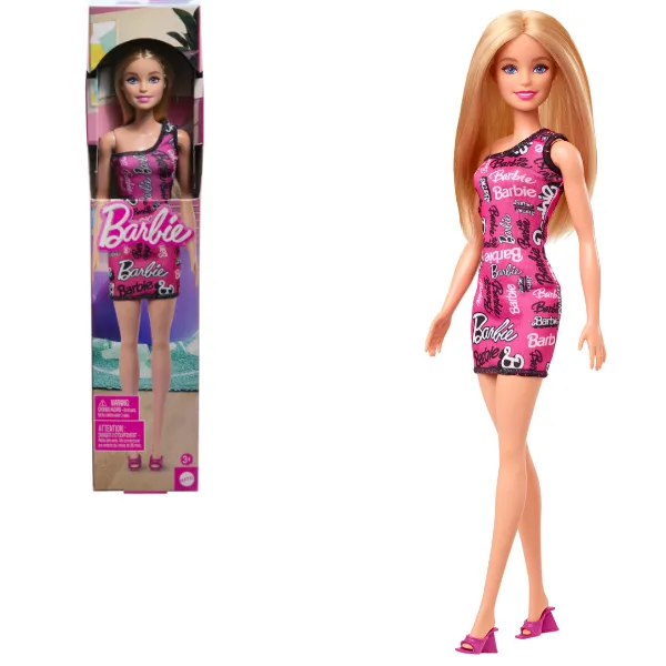 Păpușa Barbie Fashion cu părul blond și rochie roz cu logo-ul Barbie imprimat