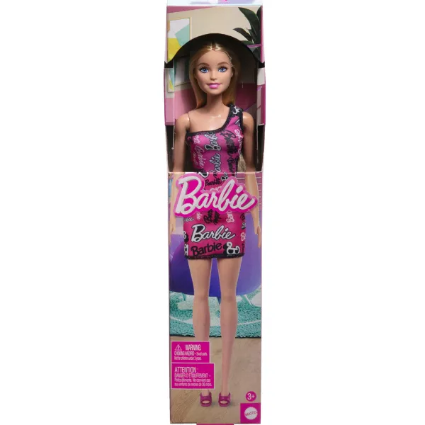 Păpușa Barbie Fashion cu părul blond și rochie roz cu logo-ul Barbie imprimat Păpușa Barbie Fashion cu părul blond și rochie roz cu logo-ul Barbie imprimat