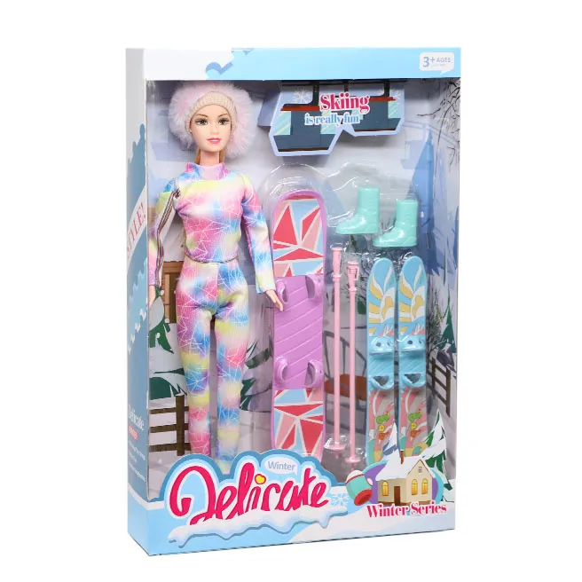 Păpușă cu snowboard mov și schiuri, cod 880300