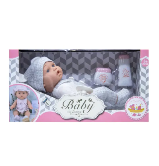 Păpușă-bebeluș 30 cm, vinil, cu suzetă, în salopetă gri, cod 632020