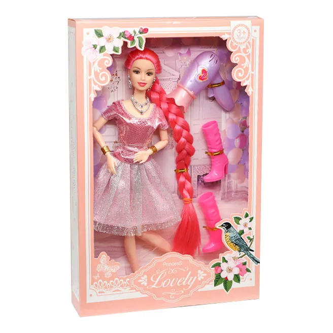 Păpușă cu par lung în rochie roz, 28 cm, cod 844219