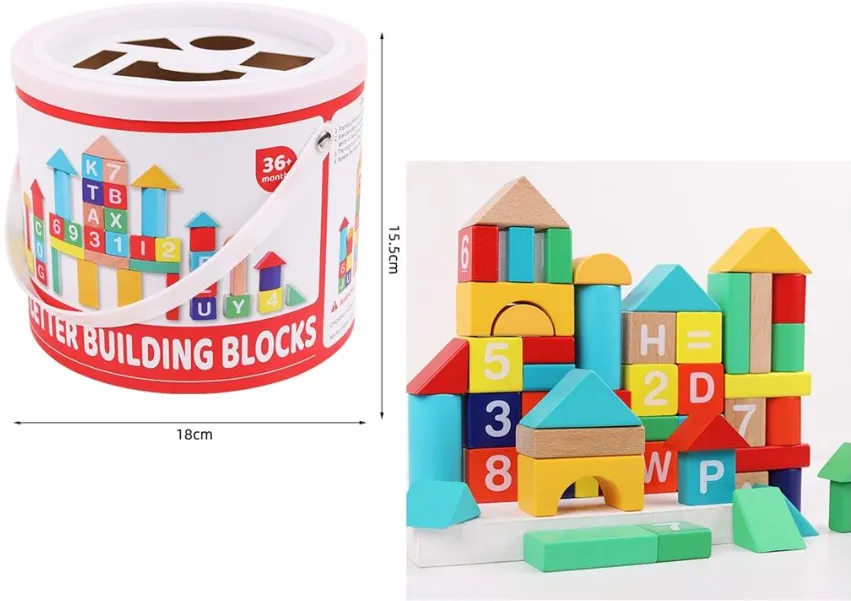 Blocuri din lemn cu cifre si litere, 50 piese, QZM-1548