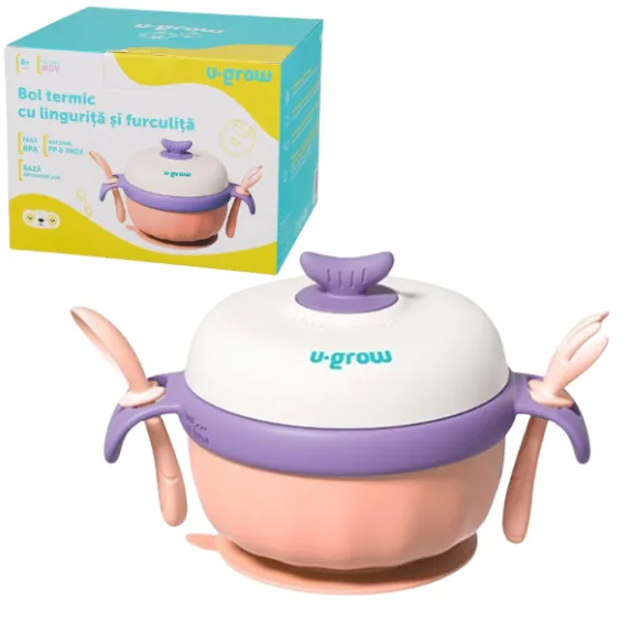 Bol termic U-Grow cu linguriță și furculiță, mov