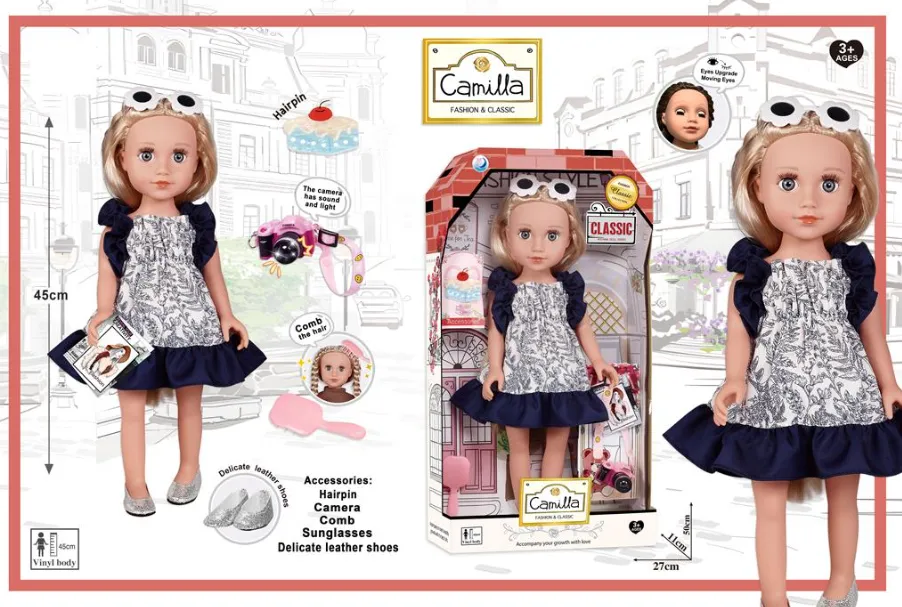Păpușă din vinil 45 cm, în rochie, cu cameră foto A931H