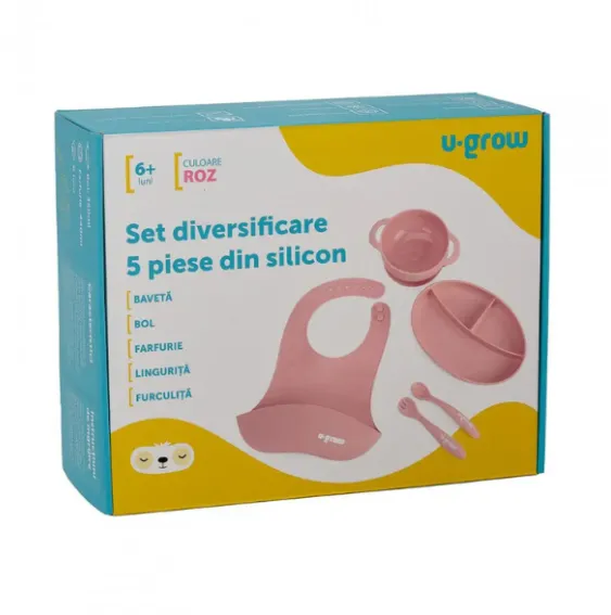 Set diversificare 5 piese din silicon: bavetă, bol, farfurie, linguriță și furculiță, roz Set diversificare 5 piese din silicon: bavetă, bol, farfurie, linguriță și furculiță, roz
