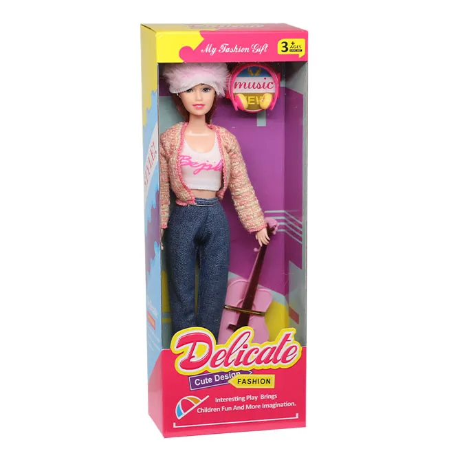 Păpușă în haine de iarnă și chitară, în jachetă bej, cod 880371