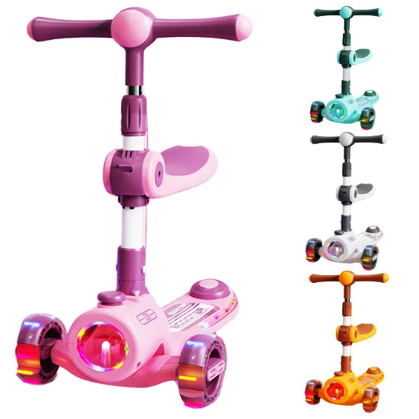 Складной трехколесный самокат со светящимися колесами, музыкой и сиденьем, 4 цвета