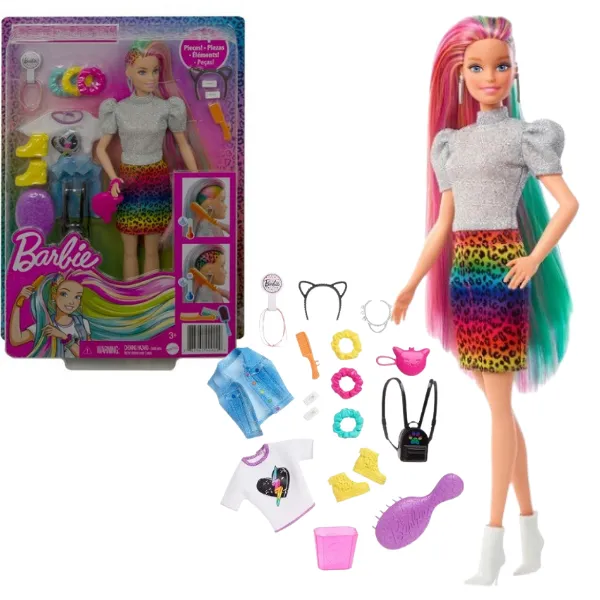 Set de joacă Barbie „Aspect de leopard cu păr în nuanțe de curcubeu”