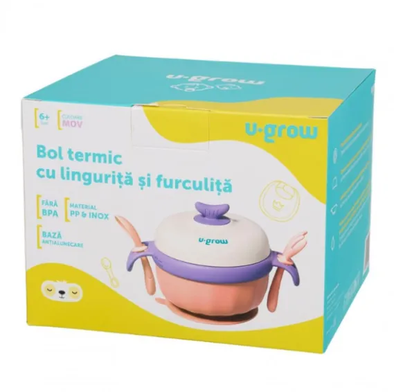 Bol termic U-Grow cu linguriță și furculiță, mov Bol termic U-Grow cu linguriță și furculiță, mov