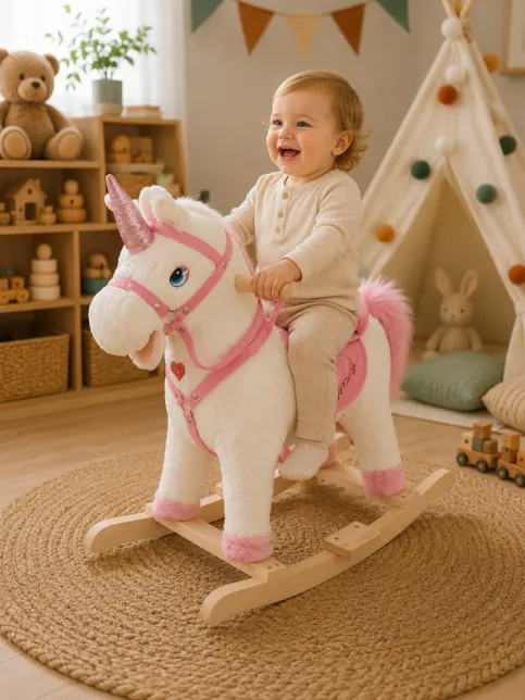 Unicorn balansoar din pluș alb, cu detalii roz