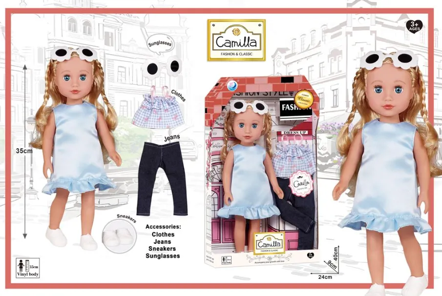 Păpușă din vinil de 40 cm în rochie, cu haine A932B