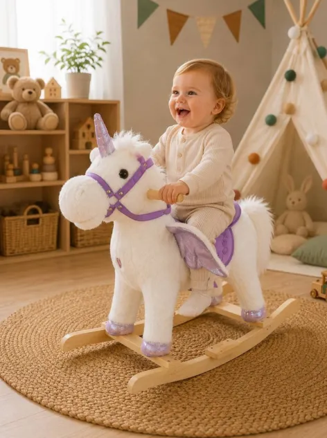 Unicorn balansoar din pluș alb, cu aripi mov