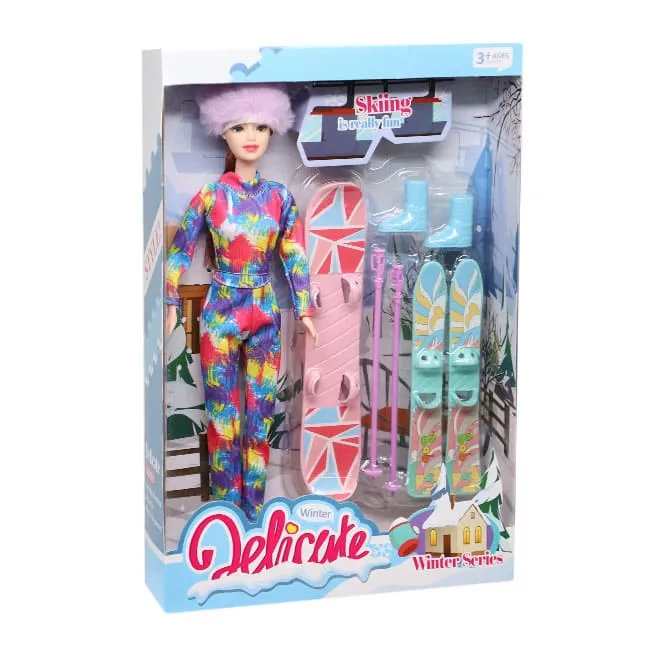 Păpușă cu snowboard roz și schiuri, cod 880301