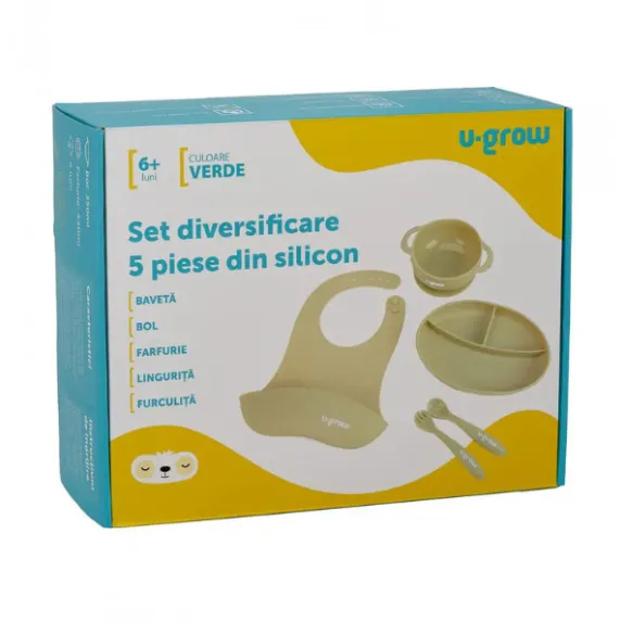 Set diversificare 5 piese din silicon: bavetă, bol, farfurie, linguriță și furculiță, Olive Set diversificare 5 piese din silicon: bavetă, bol, farfurie, linguriță și furculiță, Olive