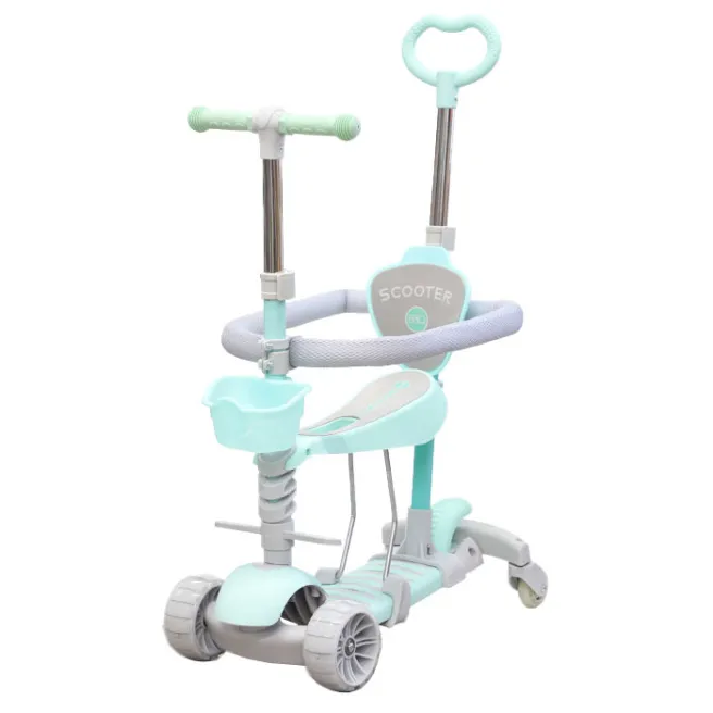 Детский самокат с корзиной, родительской ручкой, сиденьем, защитной планкой 5 в 1, зеленый