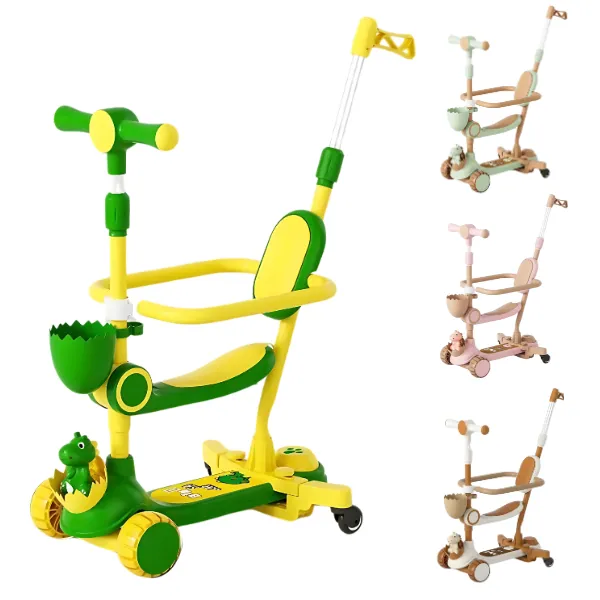 Детский трехколесный самокат со светящимися колесами и съёмной игрушкой, 4 цвета