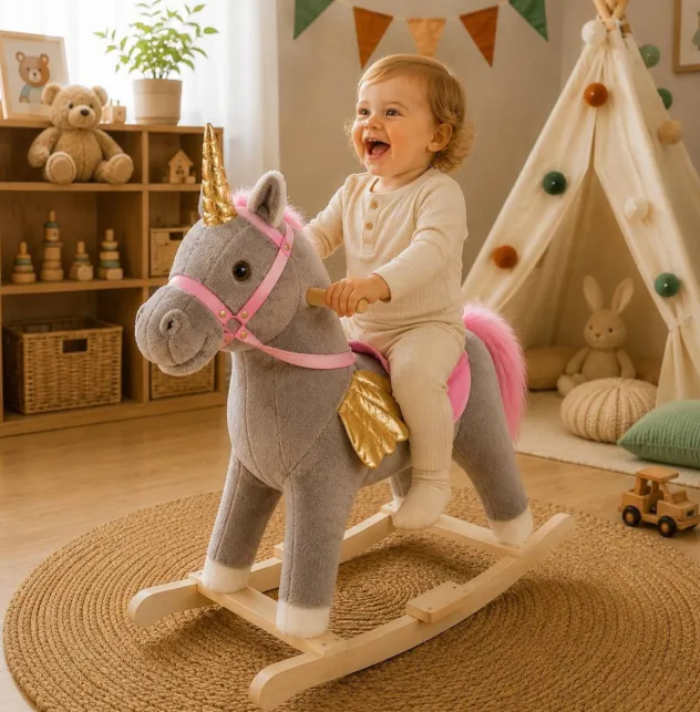 Unicorn balansoar din pluș gri, cu aripi aurii