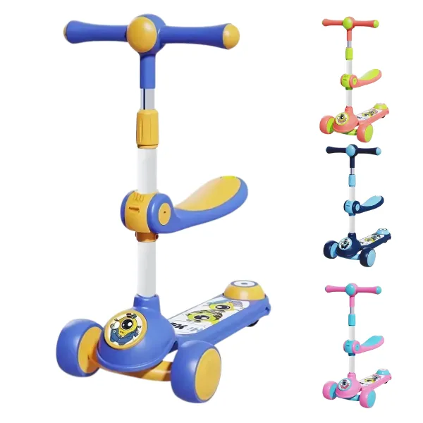 Детский трехколесный самокат со светящимися колесами, музыкой и сиденьем, 4 цвета