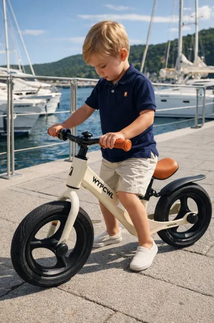 Bicicletă fără pedale cu cadru metalic și anvelope pneumatice – roșu/verde/negru/bej