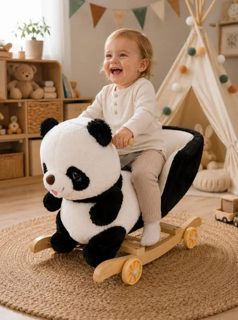 Panda de pluș 2 în 1, balansoar cu roți
