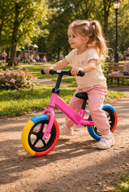 Bicicletă fără pedale cu cadru metalic și anvelope pneumatice