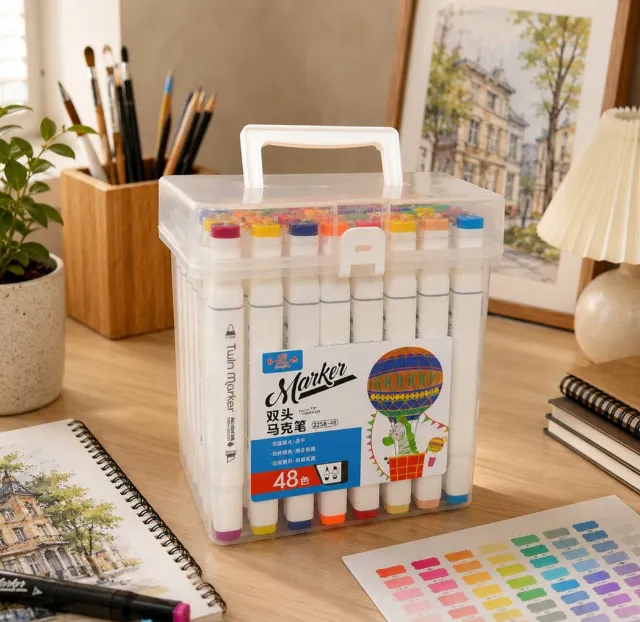 Set de 48 de markere cu două capete (Twin Markers) într-o cutie de plastic