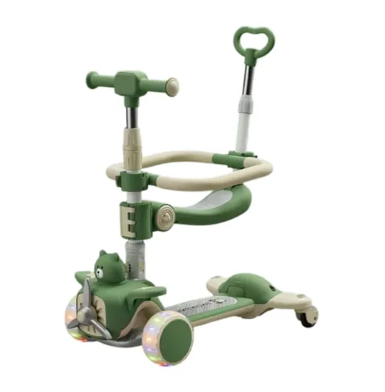 Детский самокат 6-в-1 с сиденьем, ручкой для родителей, светящимися колесами и музыкой, зеленый, RTM Scooter (93157)