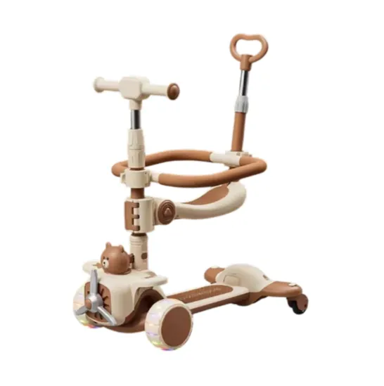 Детский самокат 6-в-1 с сиденьем, ручкой для родителей, светящимися колесами и музыкой, бежевый, RTM Scooter (91573)