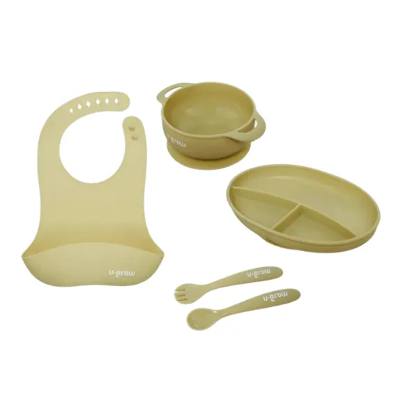 Set diversificare 5 piese din silicon: bavetă, bol, farfurie, linguriță și furculiță, Olive Set diversificare 5 piese din silicon: bavetă, bol, farfurie, linguriță și furculiță, Olive