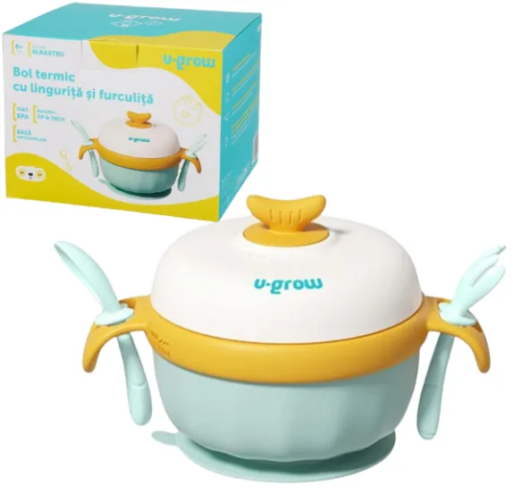 Bol termic U-Grow cu linguriță și furculiță, albastru