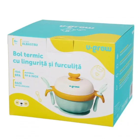 Bol termic U-Grow cu linguriță și furculiță, albastru Bol termic U-Grow cu linguriță și furculiță, albastru