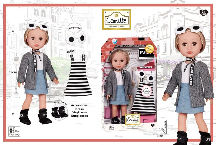 Păpușă din vinil de 40 cm în rochie, cu haine A932F