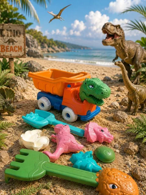 Set de nisip cu tematică de dinozauri: vehicul, 1 greblă, 1 lopățică, 4 forme, stropitoare.