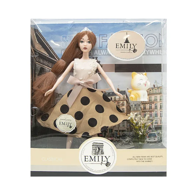 Кукла Emily 30 см, платье в горошках, с котенком, код 672007
