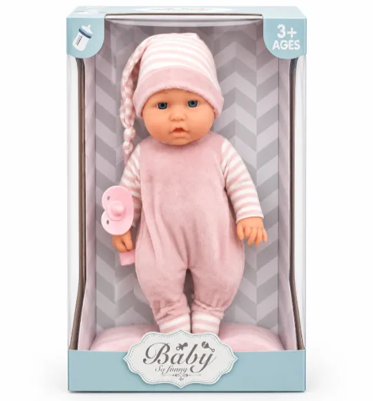 Papuşa-bebeluş 30 cm din vinil cu căciuliță şi biberon, cod 10322a
