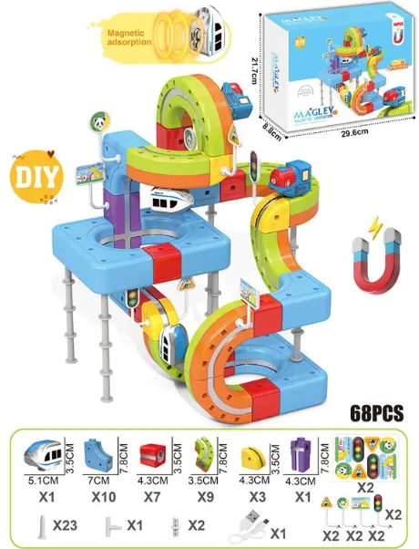 Tren magnetic cu sina magnetica (68 piese), USB, 655-42A