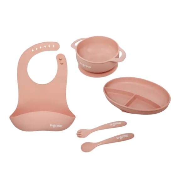 Set diversificare 5 piese din silicon: bavetă, bol, farfurie, linguriță și furculiță, roz Set diversificare 5 piese din silicon: bavetă, bol, farfurie, linguriță și furculiță, roz
