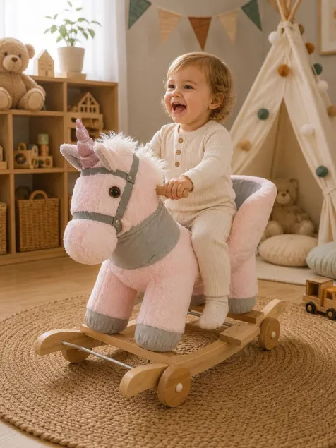Unicorn de pluș 2 în 1 cu roți, tip balansoar