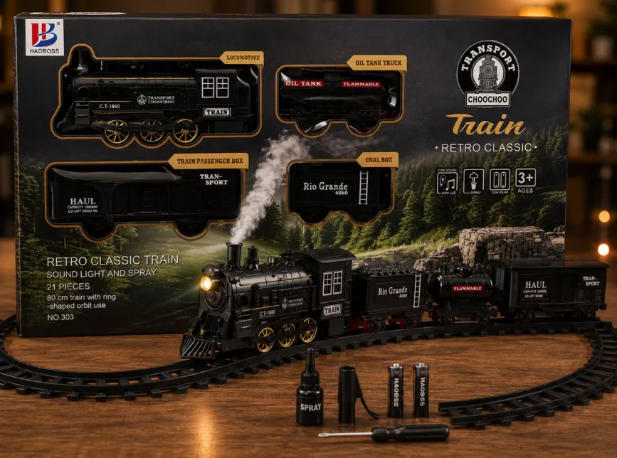 Tren retro cu lumini, efecte sonore și generator de abur.