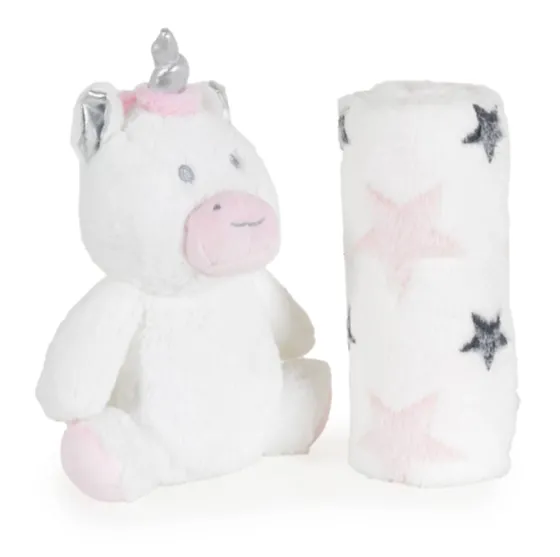 Păturică cu jucărie Moni Unicorn Stars White, 90x75 cm
