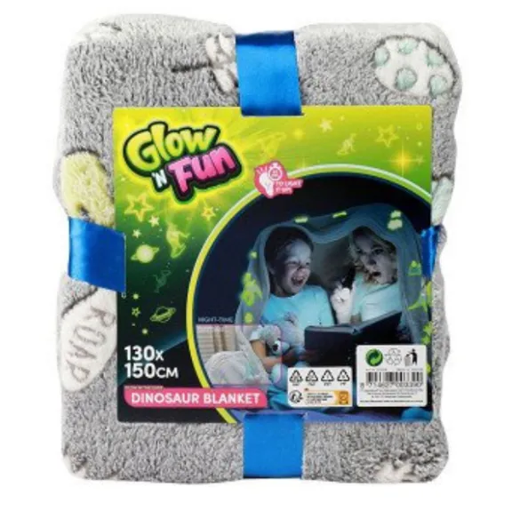 Pătură pentru copii care luminează în întuneric, cu dinozauri Pătură pentru copii care luminează în întuneric, cu dinozauri