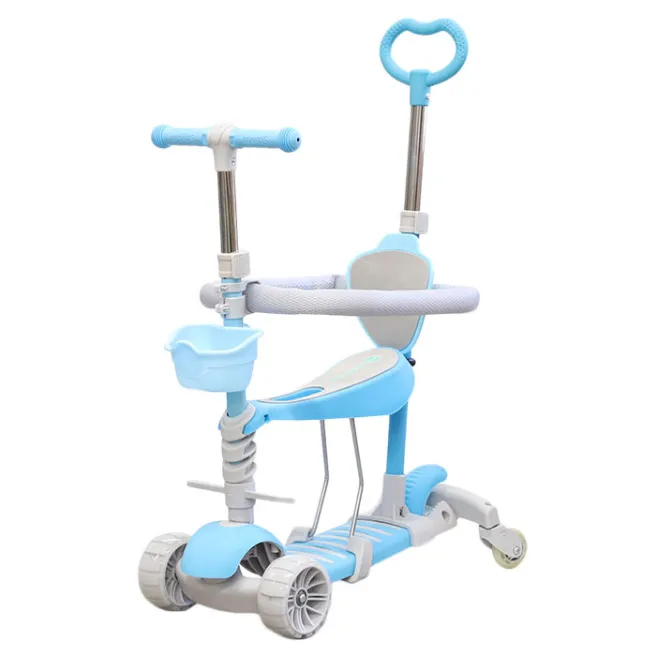 Детский самокат с корзиной, родительской ручкой, сиденьем, защитной планкой 5 в 1, голубой